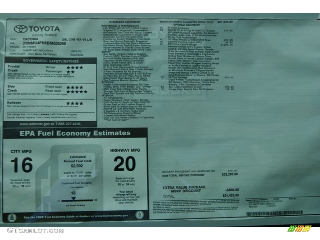 2011 Toyota Tacoma V6 Double Cab 4x4 Window Sticker Photo #51882092