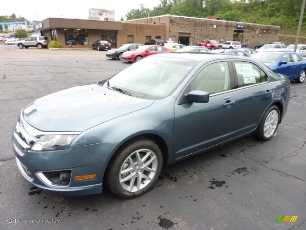 2012 Fusion SEL V6 AWD - Steel Blue Metallic / Camel photo #5