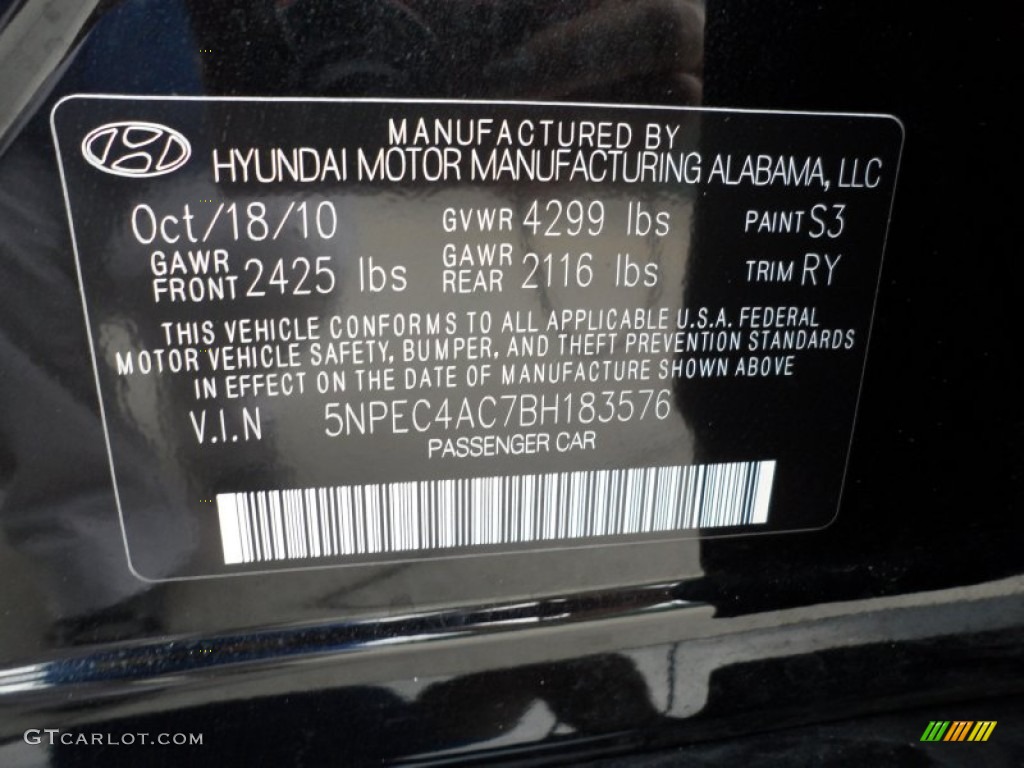 2011 Sonata SE - Midnight Black / Black photo #48