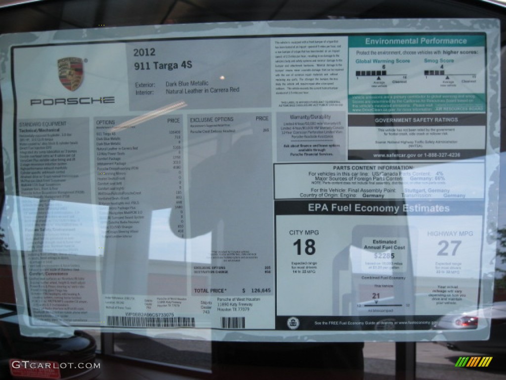 2011 Porsche 911 Targa 4S Window Sticker Photos