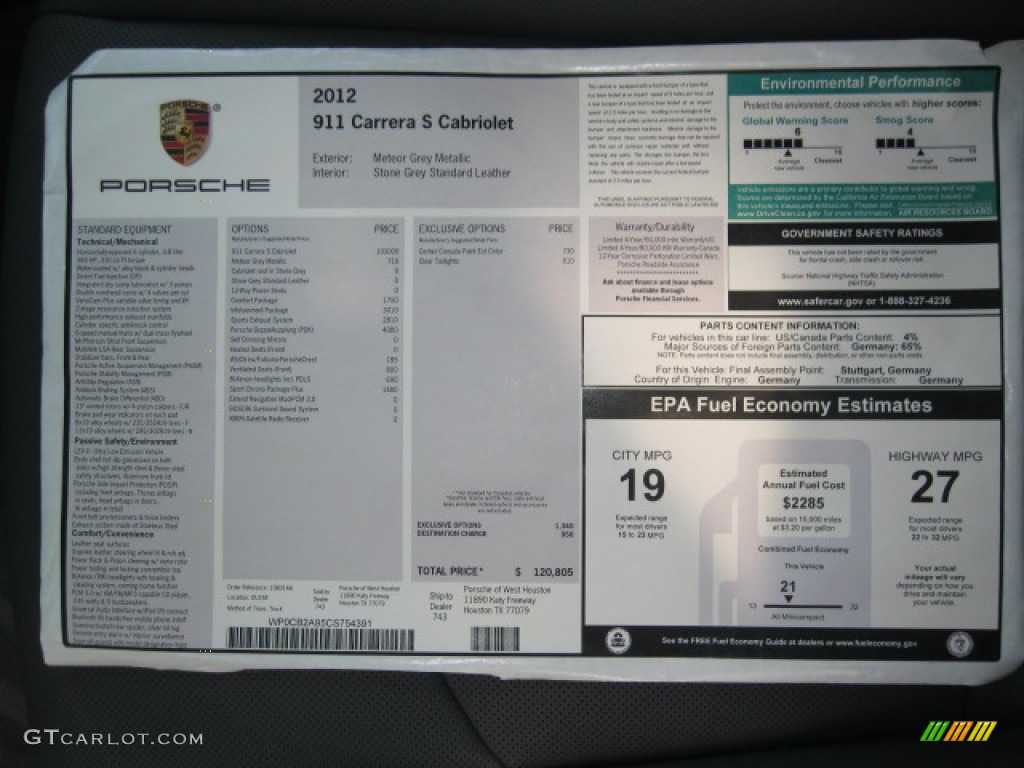 2012 Porsche 911 Carrera S Cabriolet Window Sticker Photo #51923378
