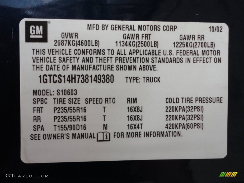 2003 GMC Sonoma SL Regular Cab Info Tag Photo #51944447