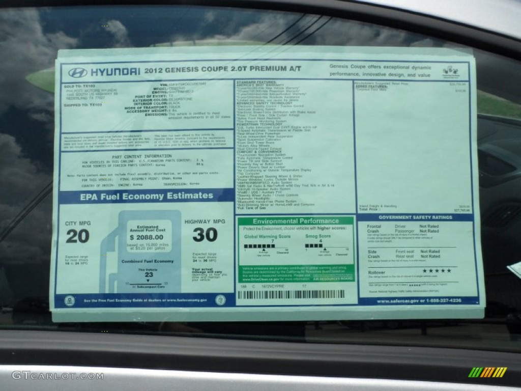 2012 Hyundai Genesis Coupe 2.0T Premium Window Sticker Photo #51951821