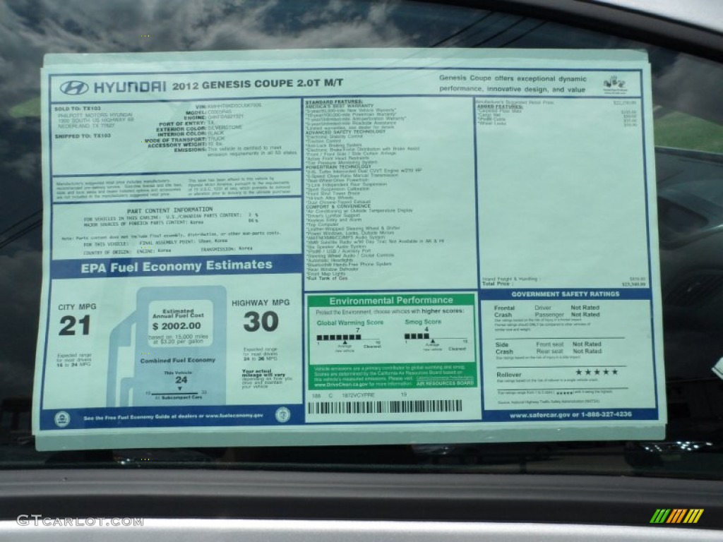 2012 Hyundai Genesis Coupe 2.0T Window Sticker Photo #51952280