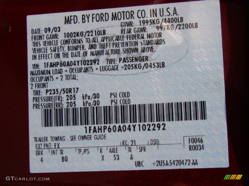 2004 Ford Thunderbird Deluxe Roadster Color Code Photos