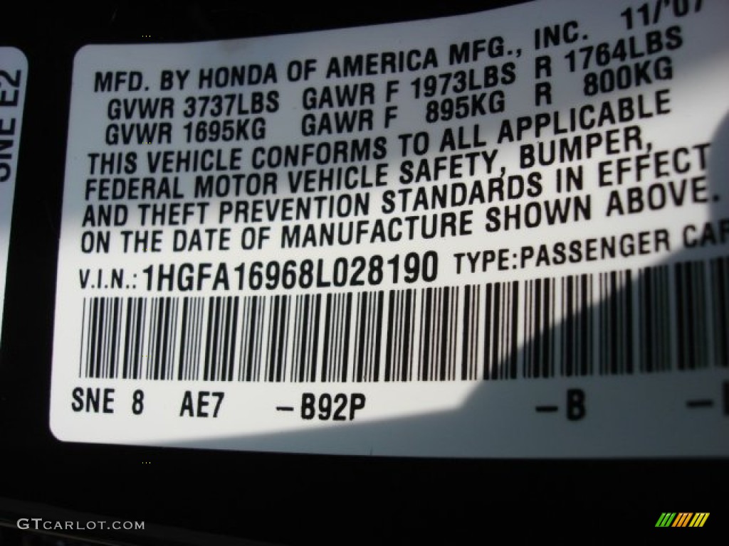2008 Civic Color Code B92P for Nighthawk Black Pearl Photo #51973916
