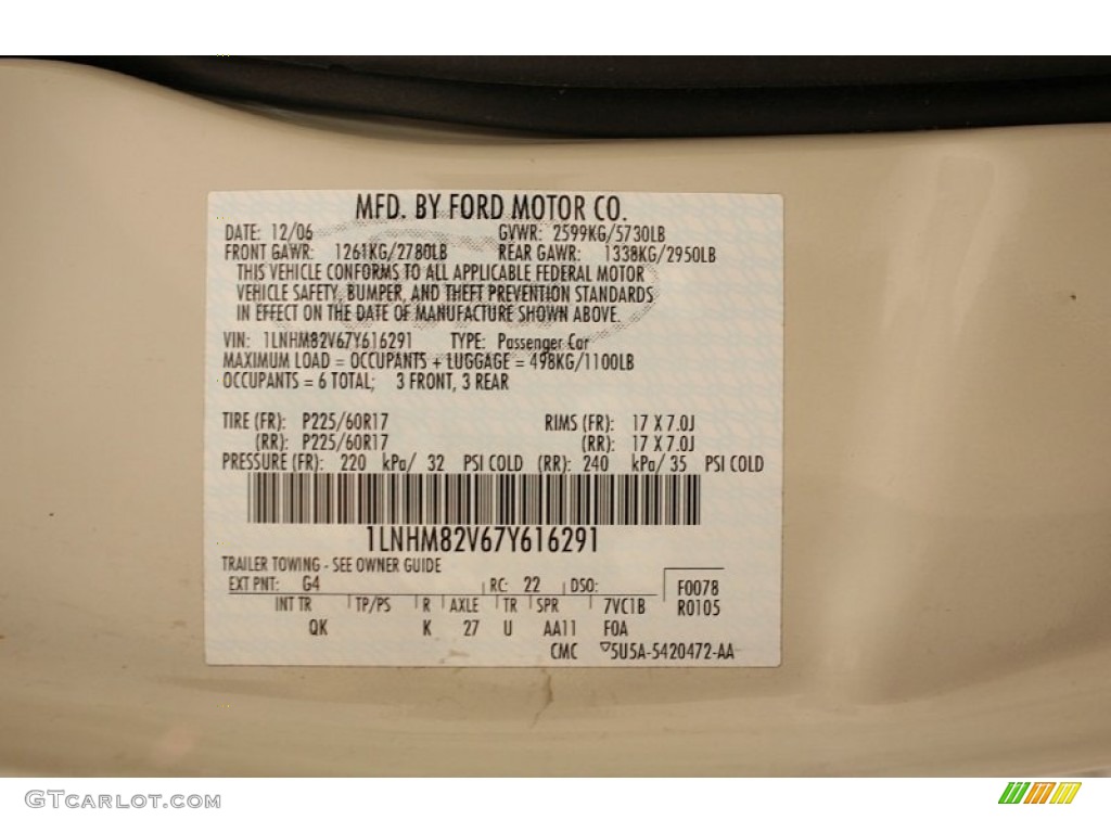 2007 Town Car Color Code G4 for Cashmere Tri-Coat Photo #51993335