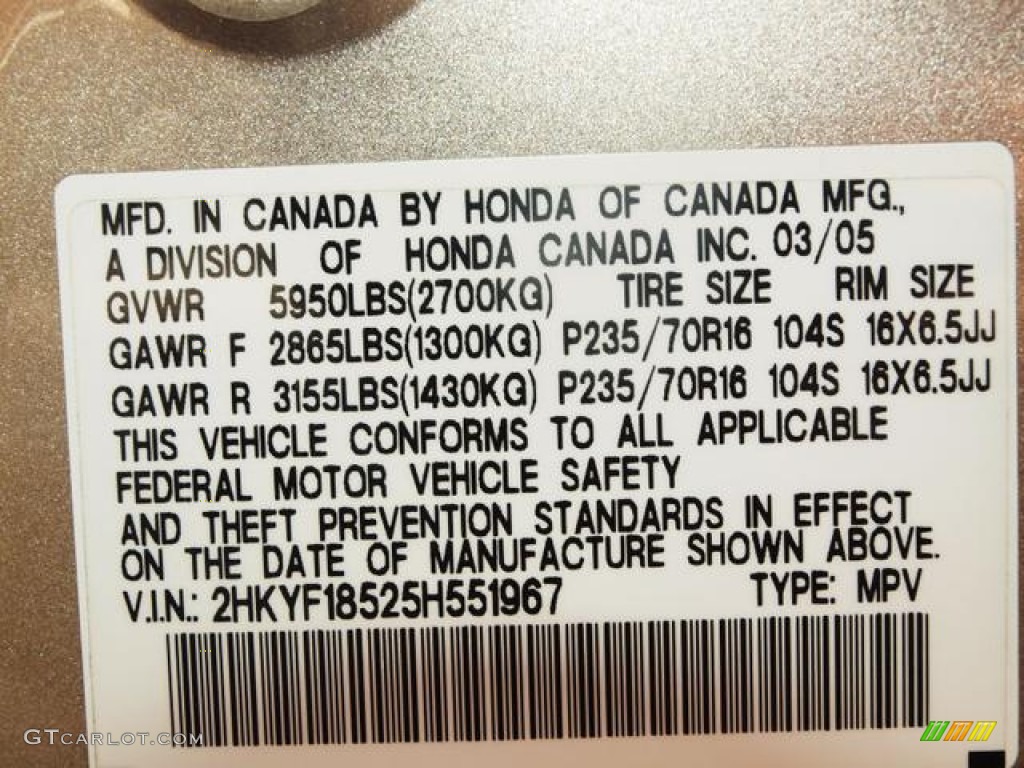2005 Honda Pilot EX-L 4WD Info Tag Photos