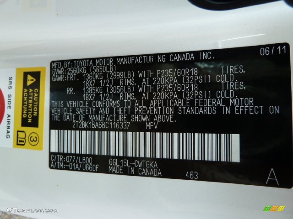 2011 RX Color Code 077 for Starfire White Pearl Photo #52002147