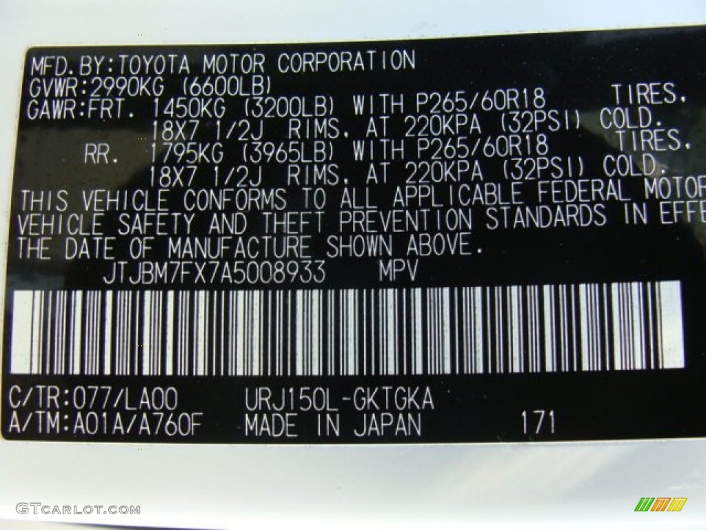 2010 GX Color Code 077 for Starfire White Pearl Photo #52015917