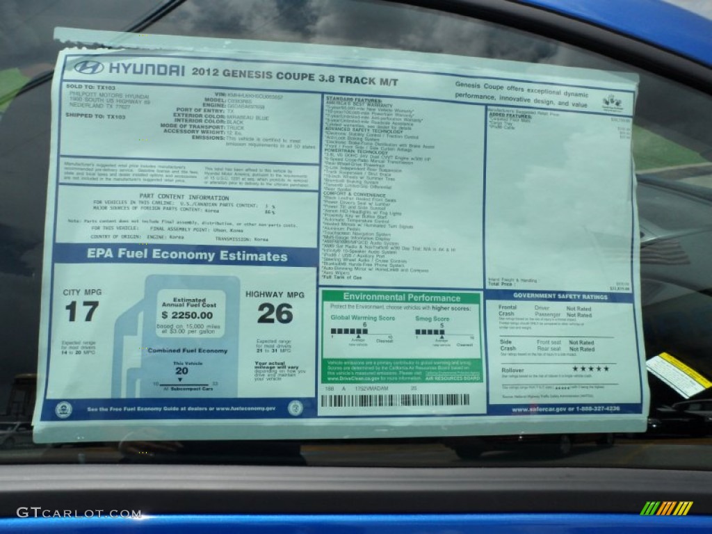 2012 Hyundai Genesis Coupe 3.8 Track Window Sticker Photo #52019937