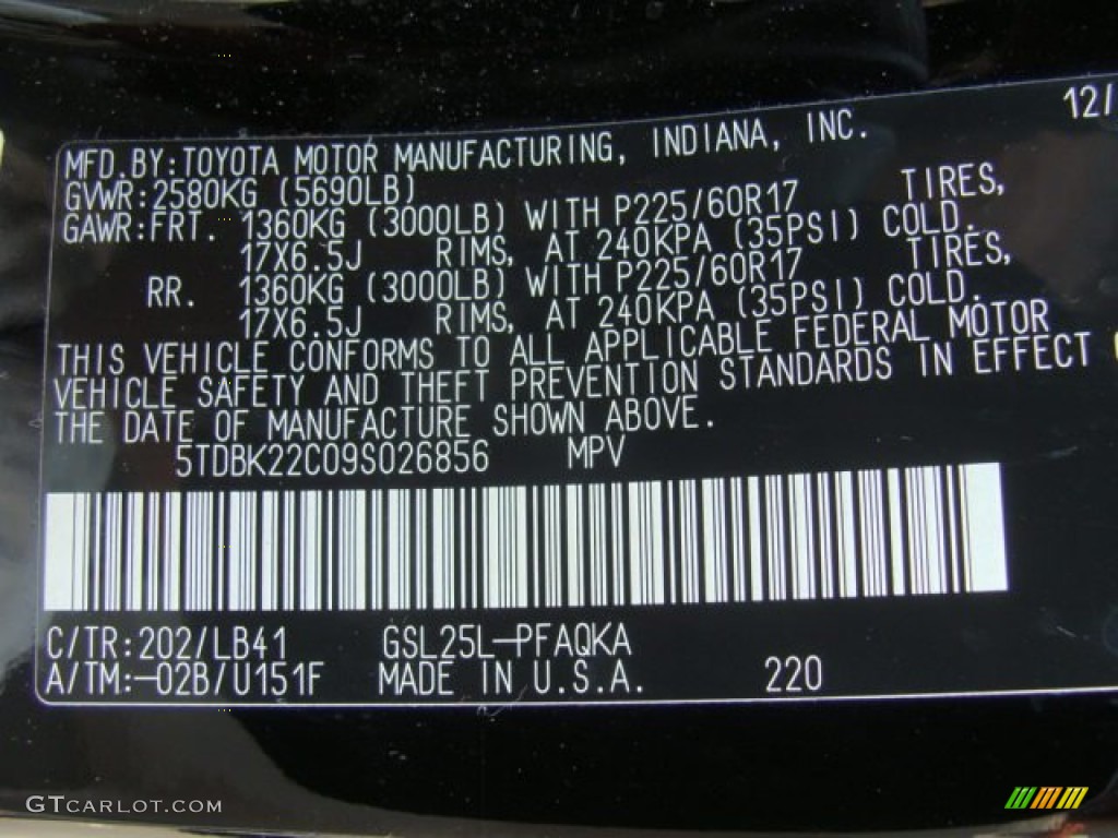 2009 Sienna Color Code 202 for Black Photo #52027386