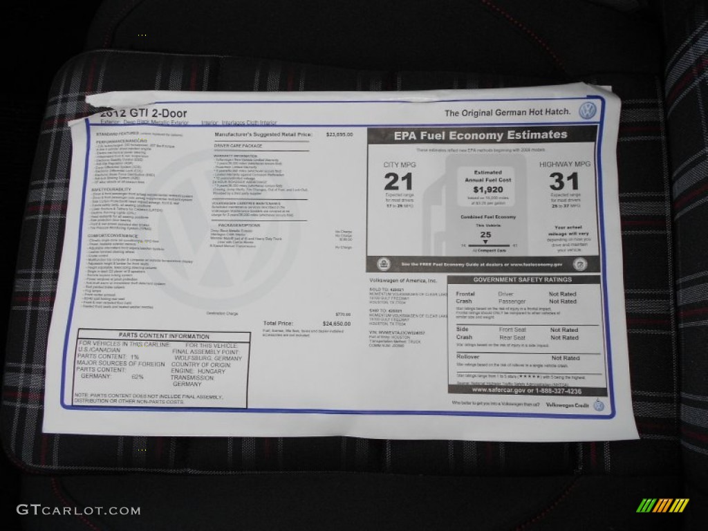 2012 Volkswagen GTI 2 Door Window Sticker Photo #52033686