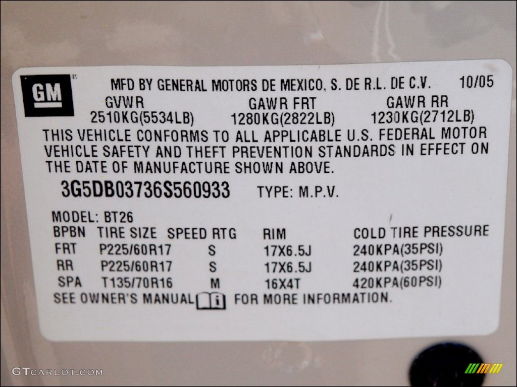 2006 Buick Rendezvous CXL AWD Info Tag Photo #52038774