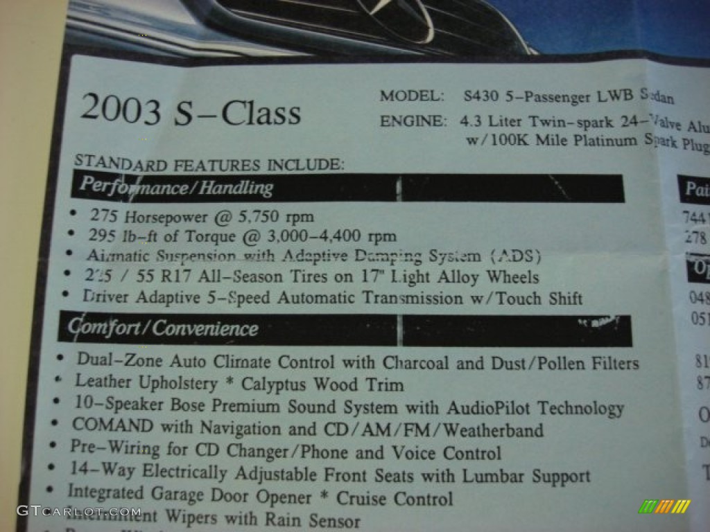 2003 Mercedes-Benz S 430 Sedan Window Sticker Photo #52071689