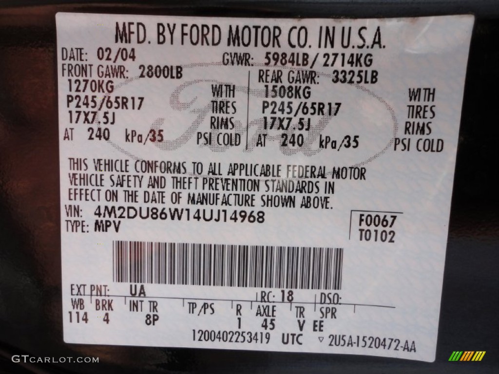 2004 Mountaineer Color Code UA for Black Clearcoat Photo #52075583