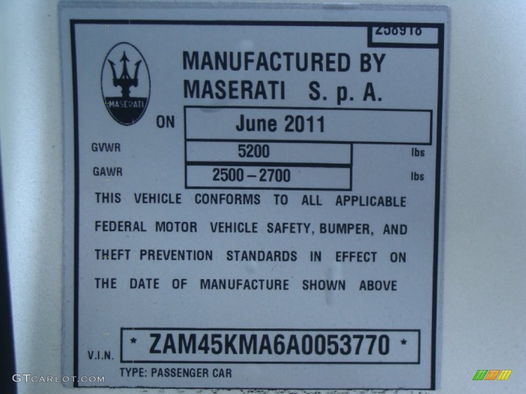 2010 Maserati GranTurismo Convertible GranCabrio Info Tag Photo #52077500