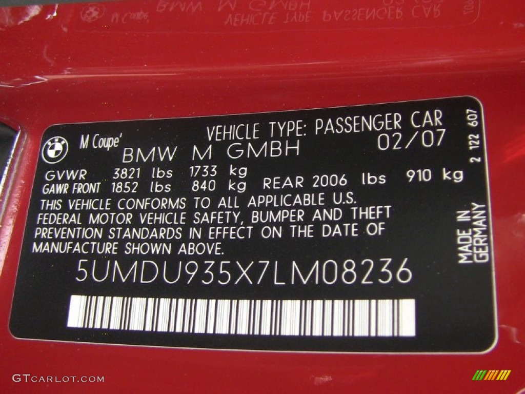 2007 BMW M Coupe Info Tag Photo #52077917