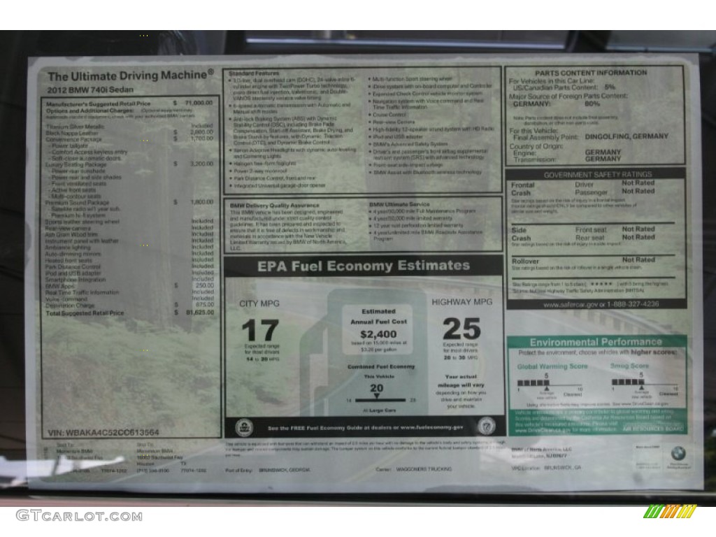 2012 BMW 7 Series 740i Sedan Window Sticker Photo #52085456