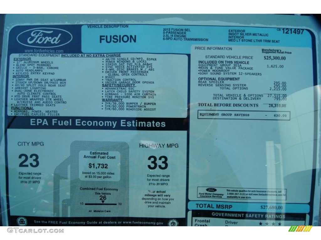 2012 Ford Fusion SEL Window Sticker Photo #52107836