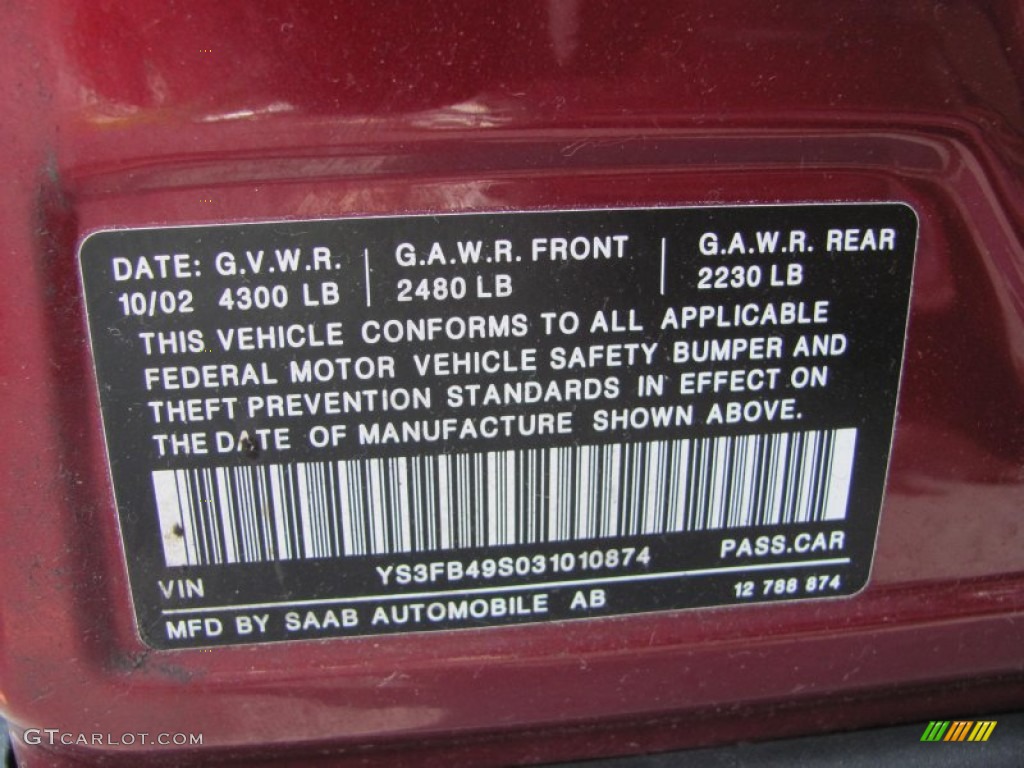 2003 Saab 9-3 Linear Sport Sedan Info Tag Photo #52134787