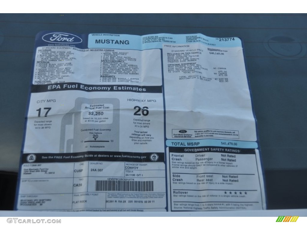 2012 Ford Mustang Boss 302 Window Sticker Photo #52136416
