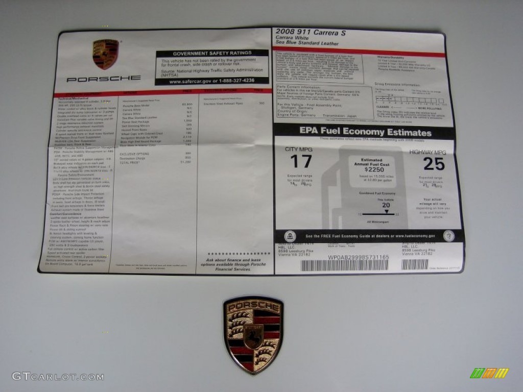 2008 Porsche 911 Carrera S Coupe Window Sticker Photo #52152822