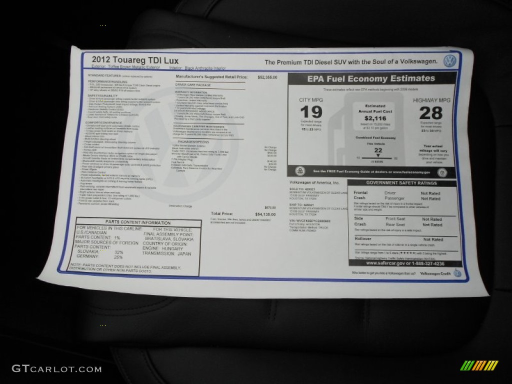 2012 Volkswagen Touareg TDI Lux 4XMotion Window Sticker Photo #52175446