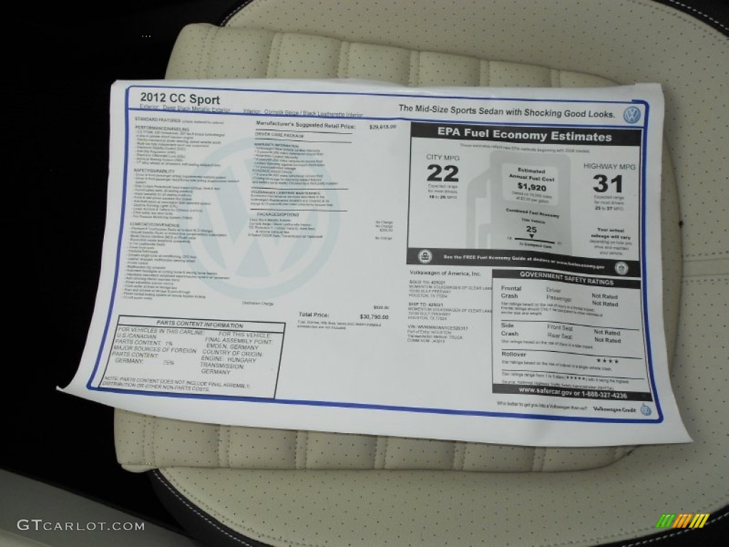 2012 CC Sport - Deep Black Metallic / Black/Cornsilk Beige photo #22