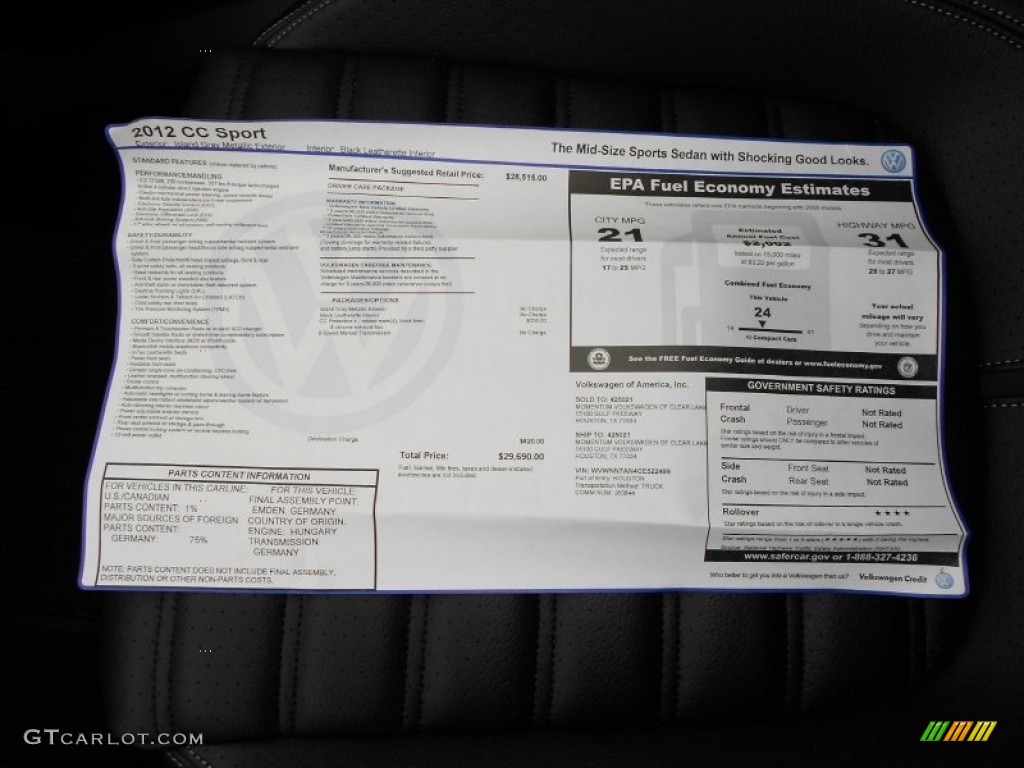 2012 Volkswagen CC Sport Window Sticker Photo #52176829