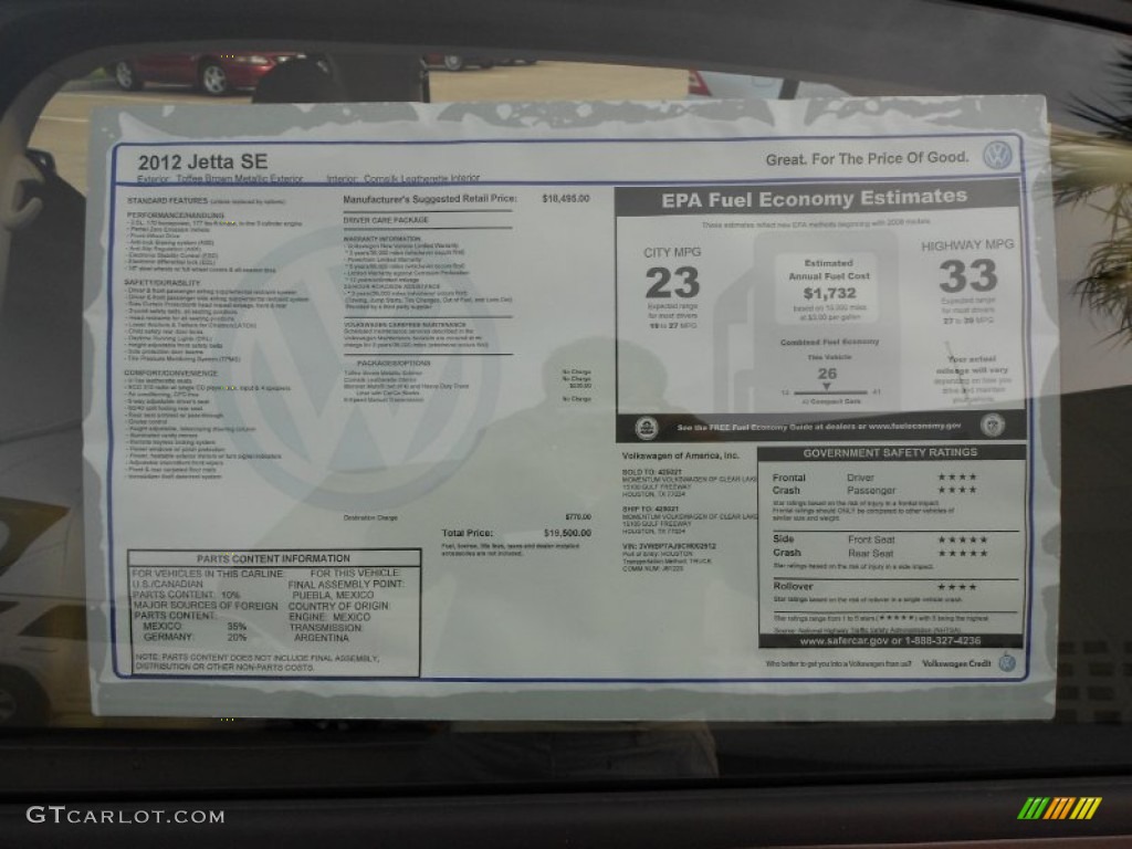2012 Volkswagen Jetta SE Sedan Window Sticker Photo #52177249