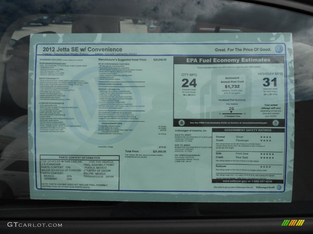 2012 Volkswagen Jetta SE Sedan Window Sticker Photo #52177921