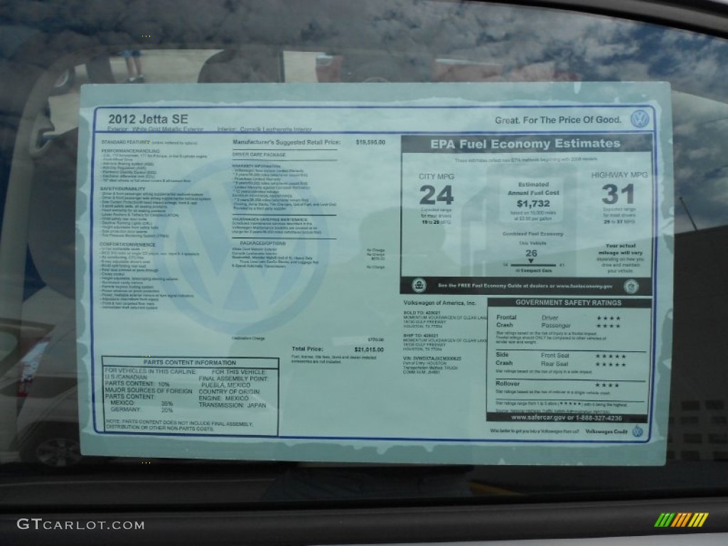 2012 Volkswagen Jetta SE Sedan Window Sticker Photo #52178554