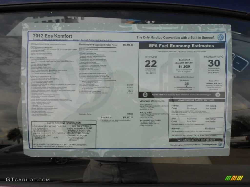 2012 Volkswagen Eos Komfort Window Sticker Photo #52179049