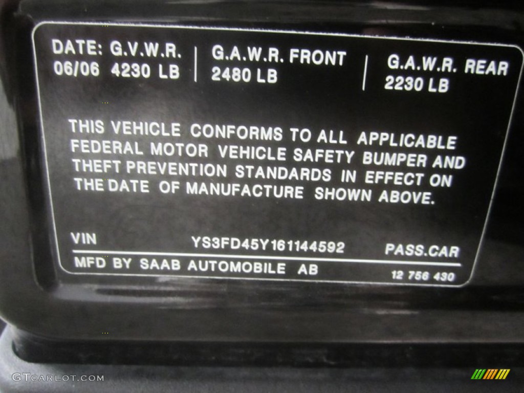 2006 Saab 9-3 2.0T Sport Sedan Info Tag Photo #52179532