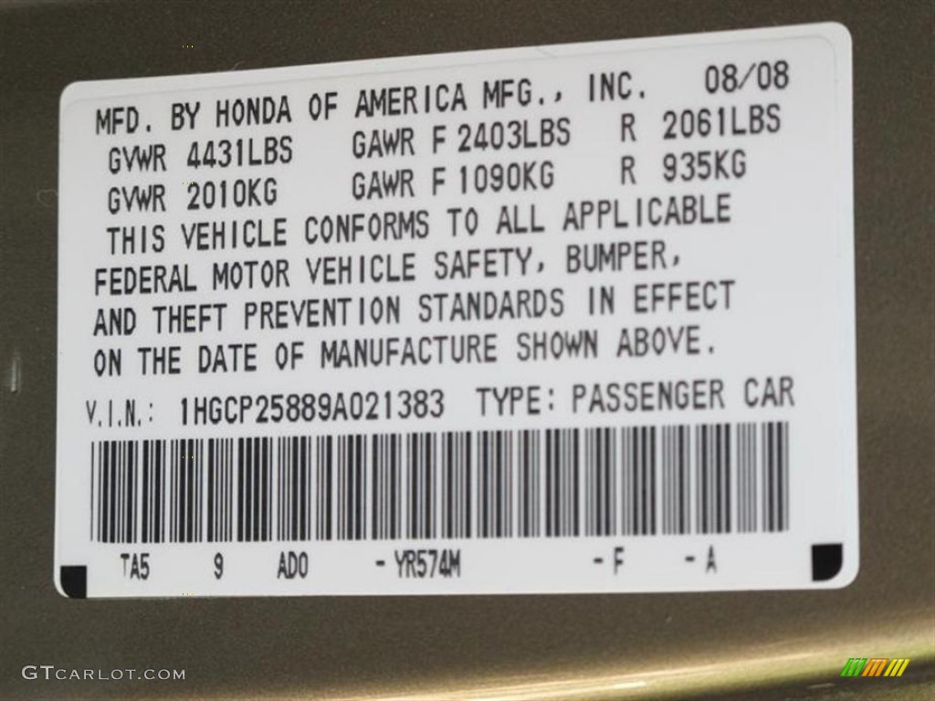 2009 Accord Color Code YR574M for Bold Beige Metallic Photo #52189786