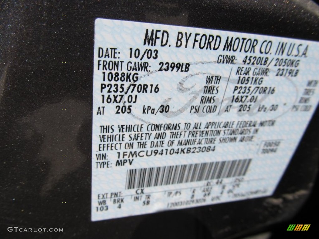 2004 Ford Escape Limited 4WD Color Code Photos