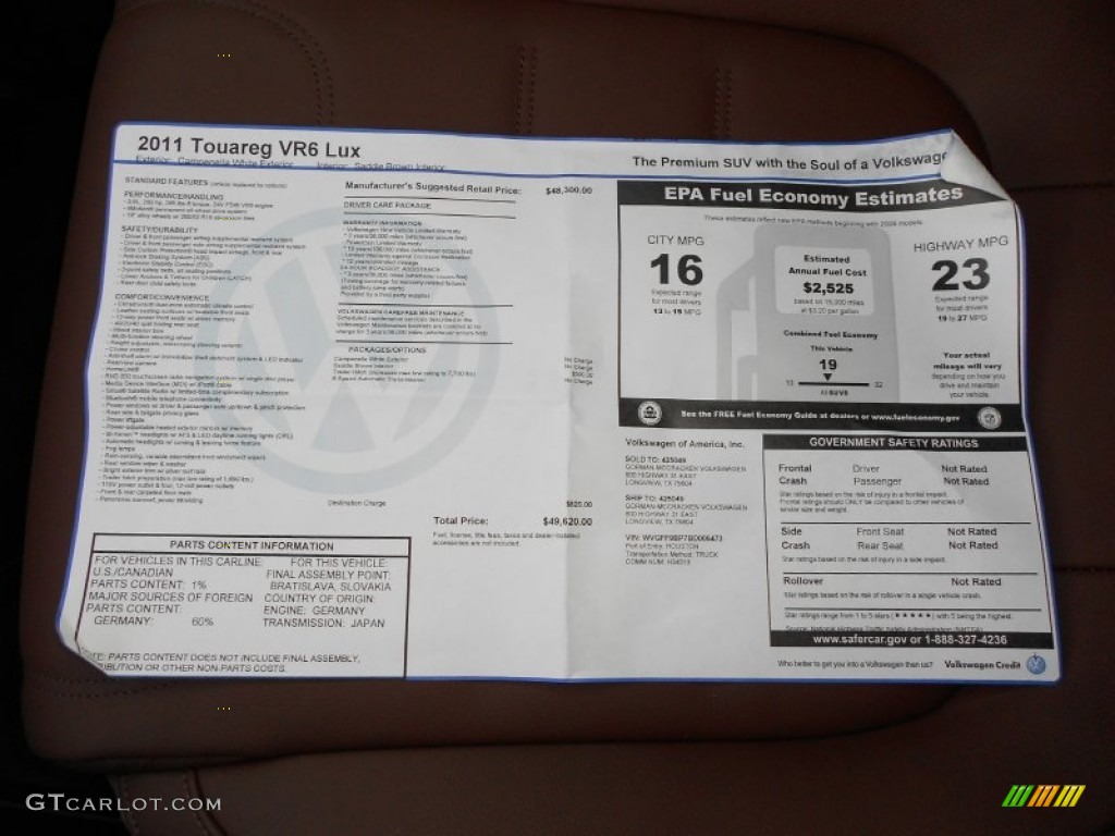 2011 Volkswagen Touareg VR6 FSI Lux 4XMotion Window Sticker Photos
