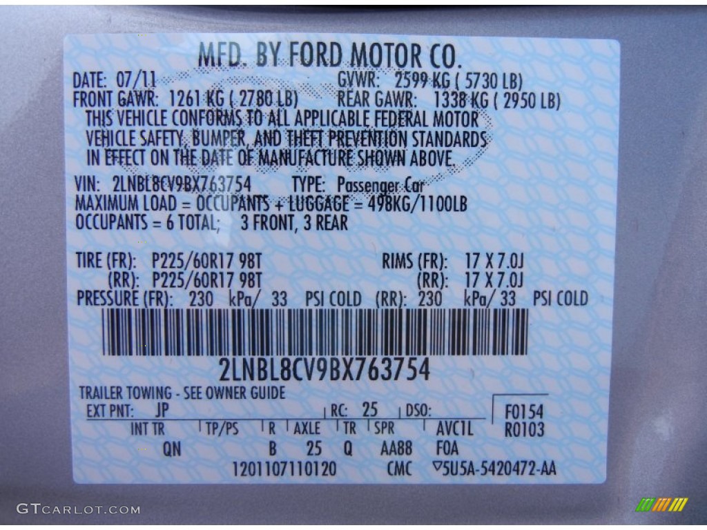 2011 Town Car Color Code JP for Silver Birch Metallic Photo #52209097