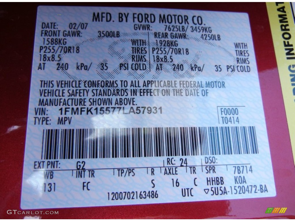 2007 Ford Expedition EL XLT Color Code Photos