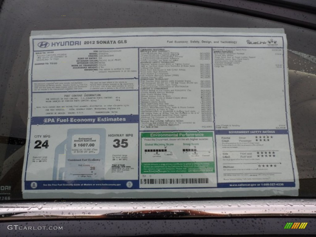 2012 Hyundai Sonata GLS Window Sticker Photo #52242100