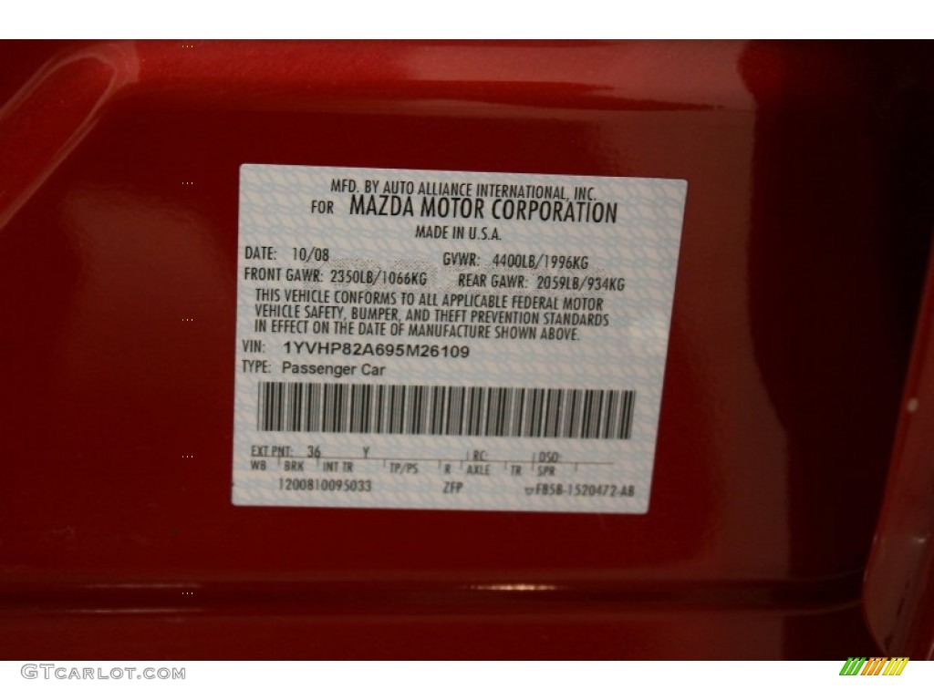 2009 MAZDA6 Color Code 36Y for Sangria Red Mica Photo #52247425