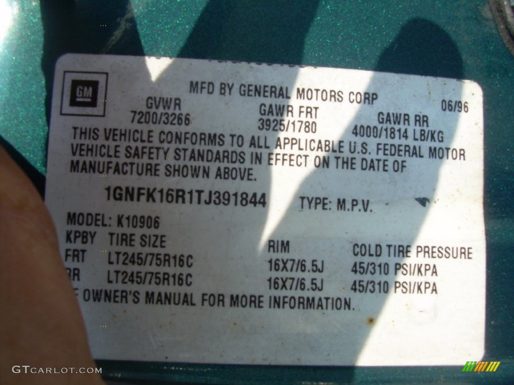 1996 Chevrolet Suburban K1500 4x4 Info Tag Photo #52259068