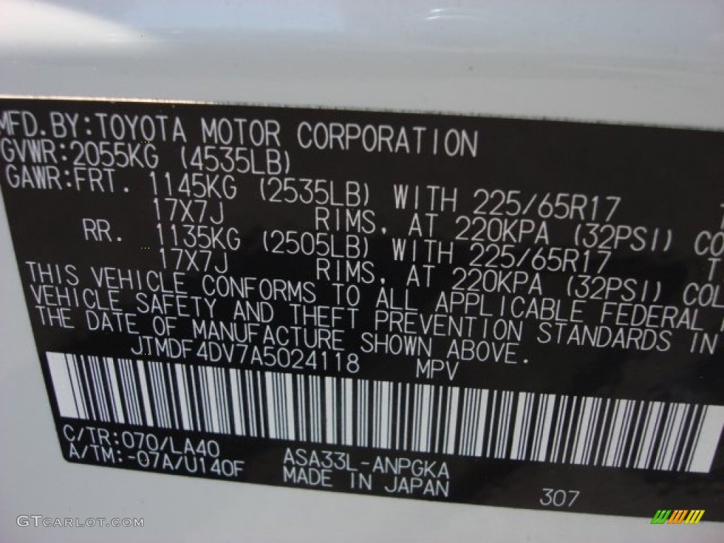 2010 RAV4 Color Code 070 for Blizzard White Pearl Photo #52284683