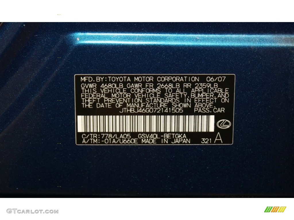 2007 ES Color Code 778 for Aquamarine Blue Photo #52285088