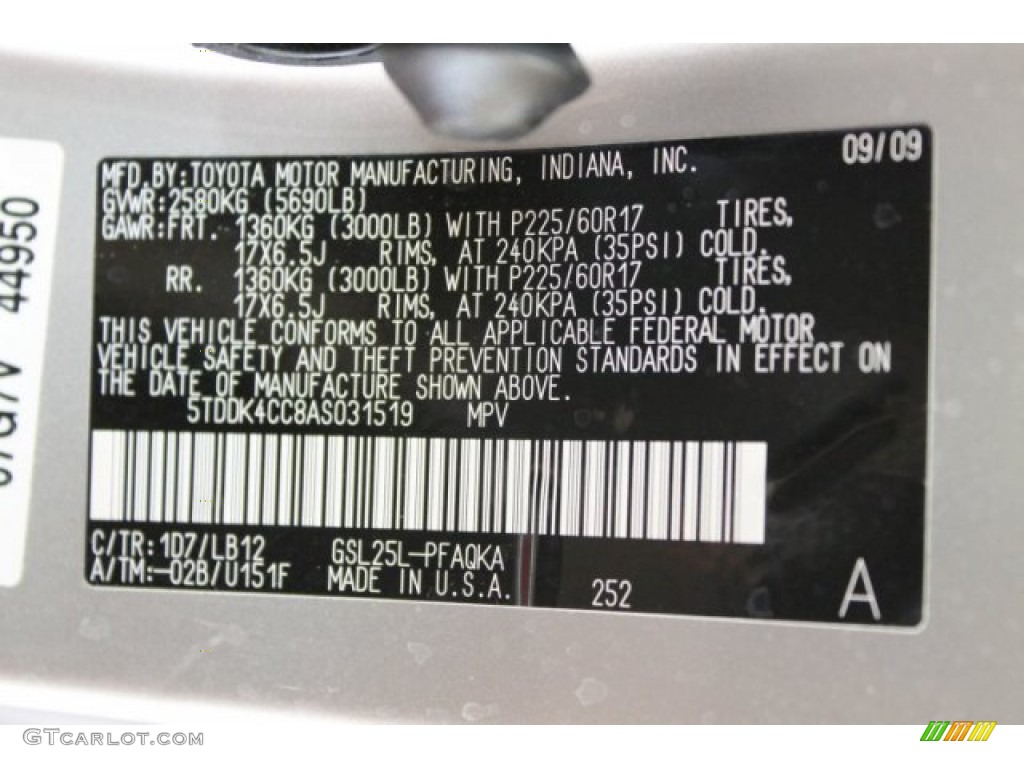 2010 Toyota Sienna Limited AWD Color Code Photos