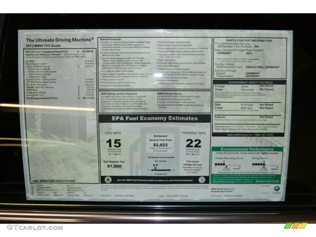 2012 BMW 7 Series 750i Sedan Window Sticker Photo #52320798