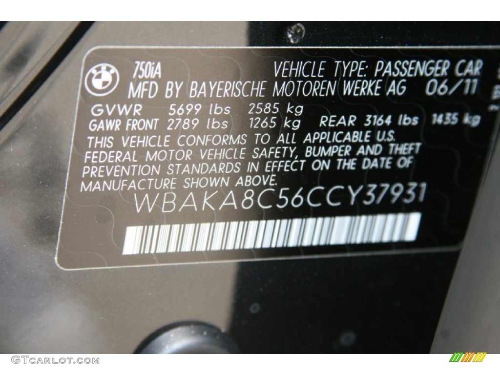 2012 BMW 7 Series 750i Sedan Info Tag Photo #52320852