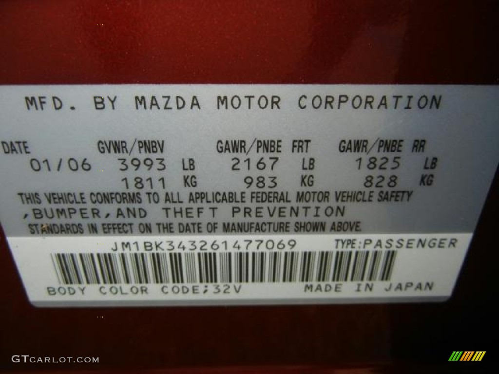 2006 MAZDA3 Color Code 32V for Copper Red Mica Photo #52329918