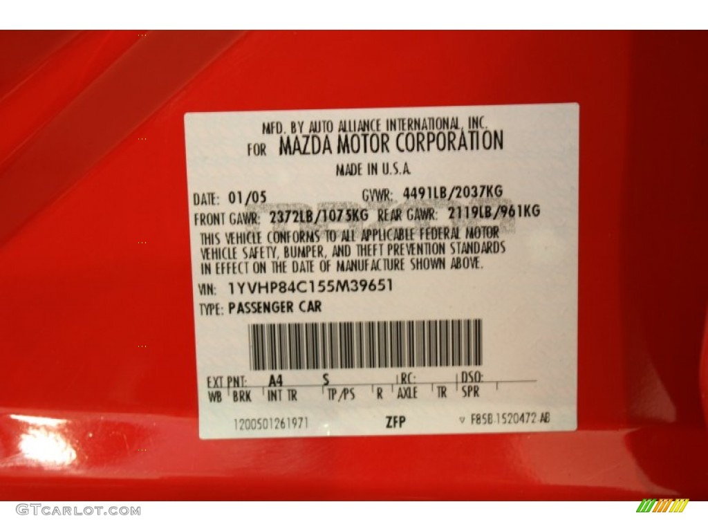 2005 MAZDA6 Color Code A4S for Volcanic Red Photo #52331688